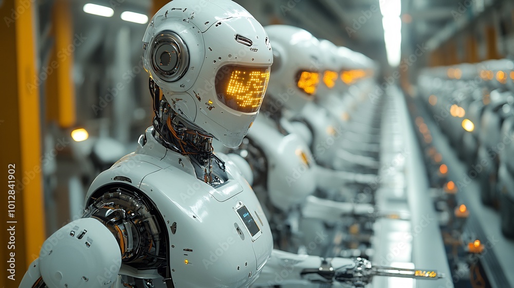 Futuristic factory automation AIpowered robots assembling complex products with speed and precision Futuristic factory automation AIpowered robots assembling complex products with speed and precision
