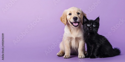 Happy golden retriever puppy and black kitten sitting side-by-side on a purple background.