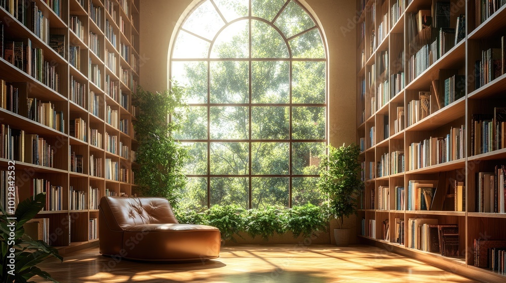 A contemporary Mediterranean library with wall-to-wall bookshelves A contemporary Mediterranean library with wall-to-wall bookshelves
