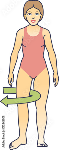 Illustration of a woman demonstrating hip external rotation with an arrow indicating movement.