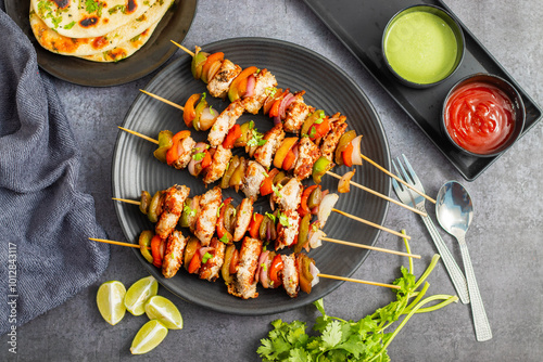 Chicken Reshmi Kabab is a succulent, marinated chicken dish, grilled to perfection, featuring a blend of spices, cream, and cashews. Selective focus. photo