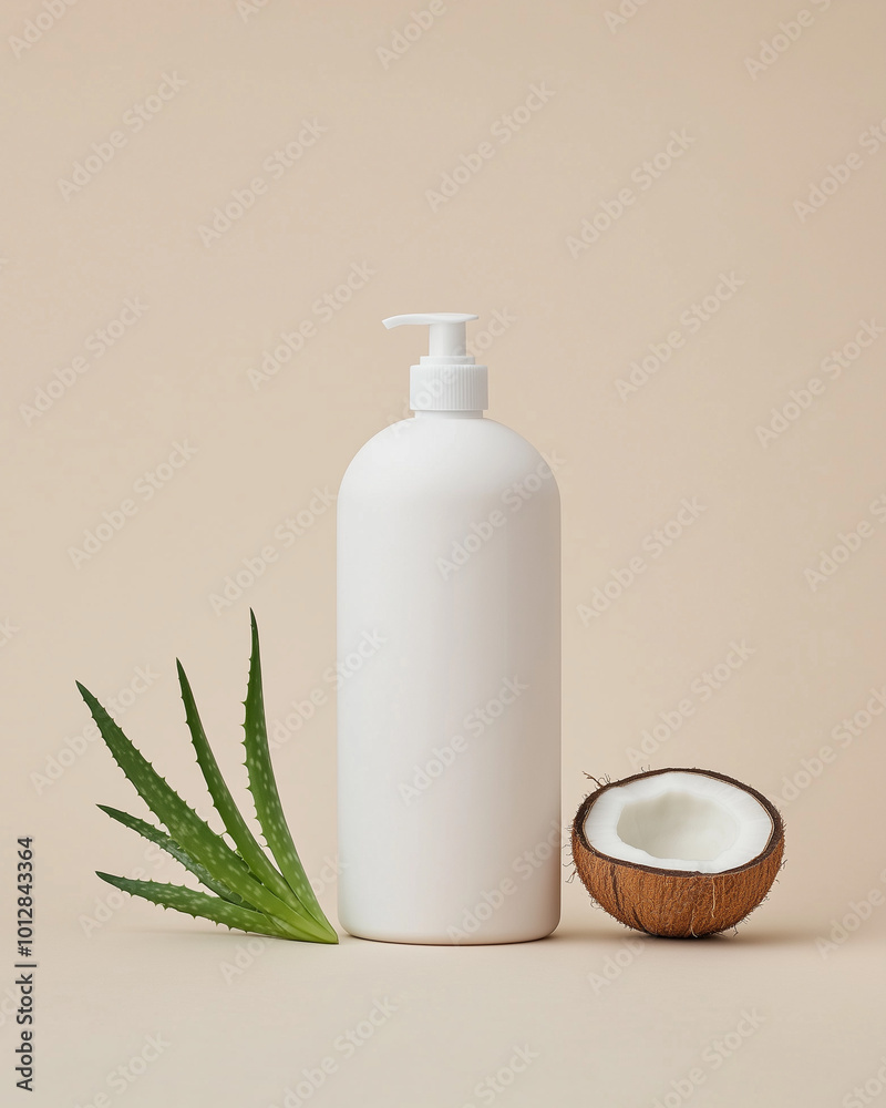 Minimalist White Lotion Bottle with Aloe Vera and Coconut on Neutral Background for Skincare Concept
Minimalist White Lotion Bottle with Aloe Vera and Coconut on Neutral Background for Skincare Concept