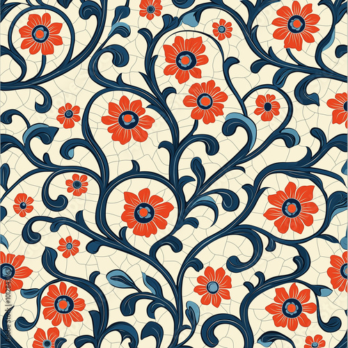 Create a seamless Iznik pattern with interlocking geometric forms and continuous flowing lines, in a traditional color scheme