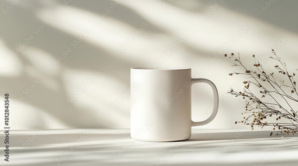 White Mug Mockup with Dried Flowers and Sunlight