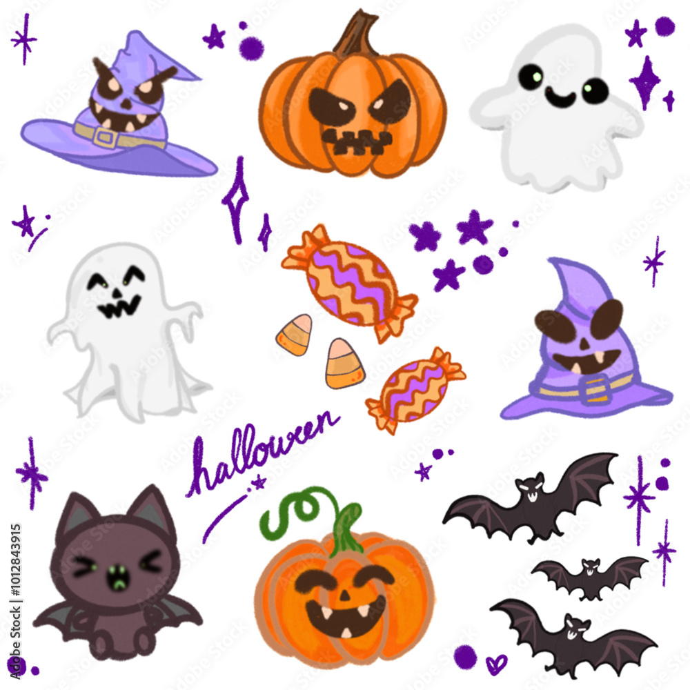 Naklejka premium Adorable Halloween Cartoon Illustration – Featuring Bats, Ghosts, Pumpkins, and Witch Hat for Halloween Designs, Banners, Invitations, Posters, and Social Media Graphics – Fun and Cute Halloween Art