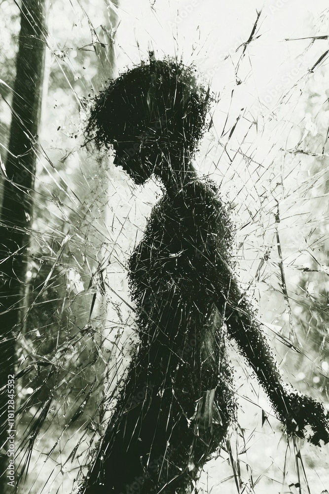 Fototapeta premium A Silhouette Figure Stands Behind a Sheet of Cracked Glass