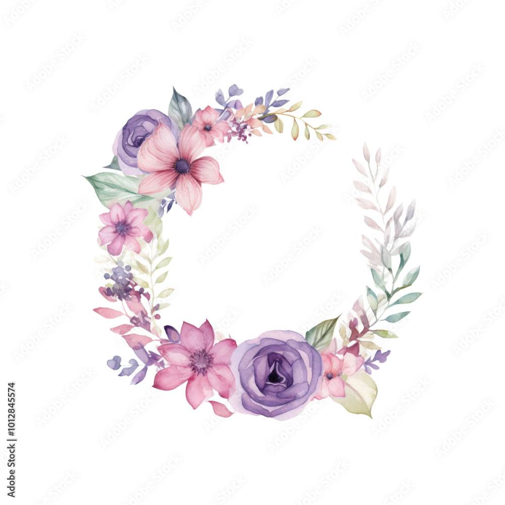 Pink roses and greenery in a circular frame. Suitable for wedding invitations, greeting cards, or floral themed designs. Feminine and elegant. Generative AI