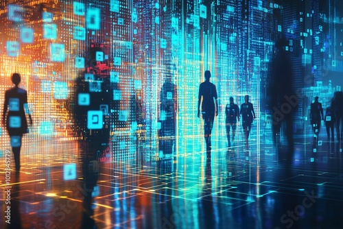 Silhouettes of people walking in a futuristic digital city with abstract data patterns and technology elements.