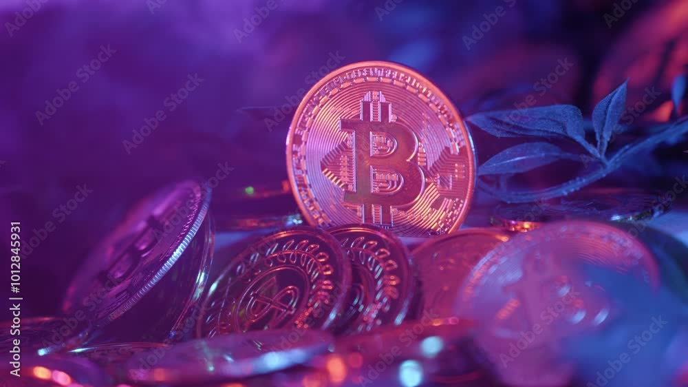 Abstract crypto currency coins arrange in dark ambience with bitcoin in focus Abstract crypto currency coins arrange in dark ambience with bitcoin in focus