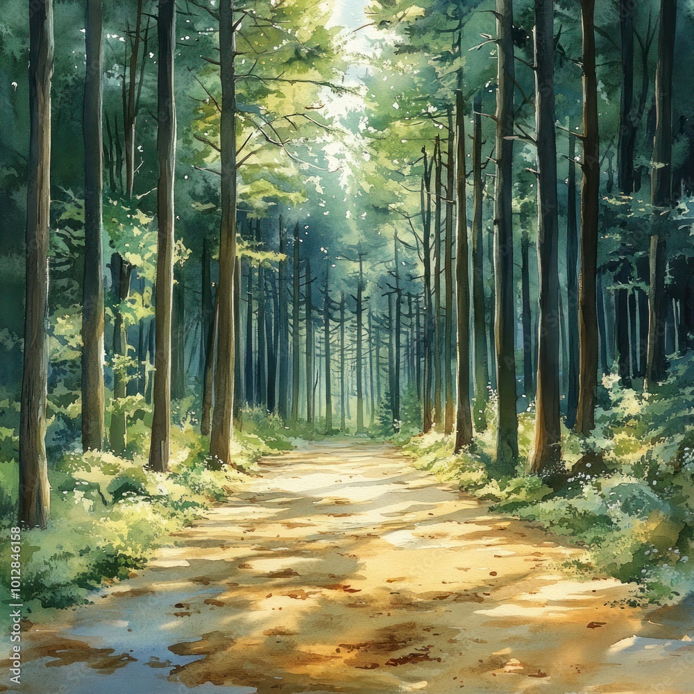 Obraz premium Serene Summer Forest Landscape in Watercolor Painting