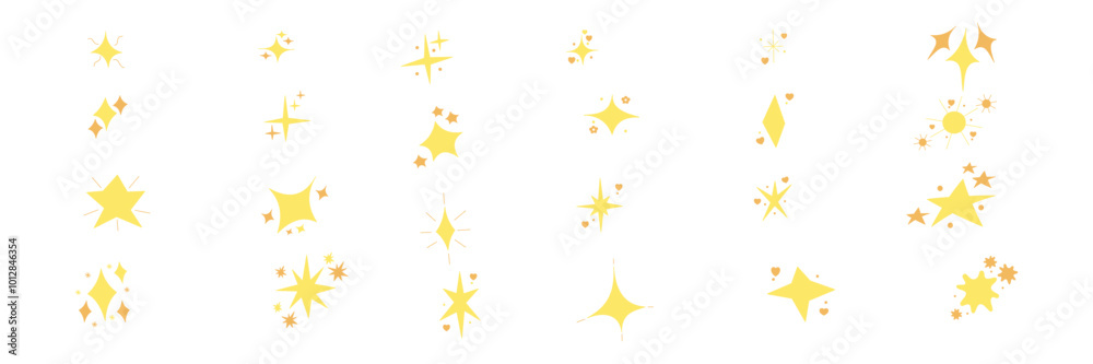 A collection of various starburst and sparkle icons in soft yellow and orange hues on a white background. Each star design features unique shapes, including hearts, diamonds, and abstract twinkles. A collection of various starburst and sparkle icons in soft yellow and orange hues on a white background. Each star design features unique shapes, including hearts, diamonds, and abstract twinkles.