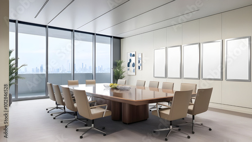 Modern meeting room interior with board, panoramic window. Mockup frames