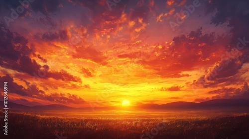 Fiery Sunset Over a Meadow