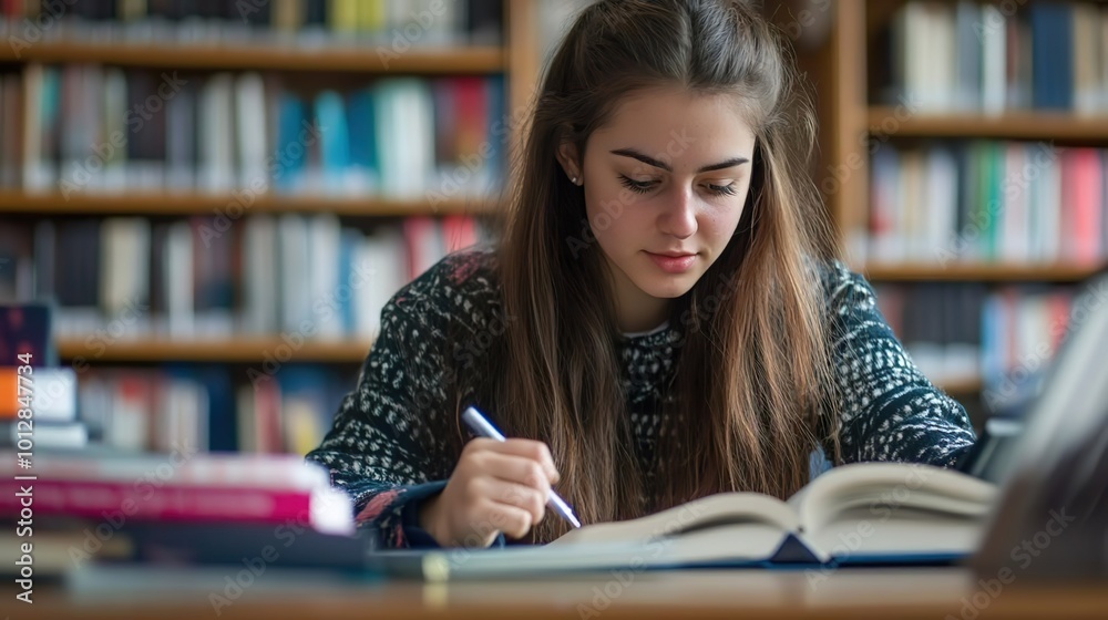 図書館で勉強する欧米人女性01 図書館で勉強する欧米人女性01