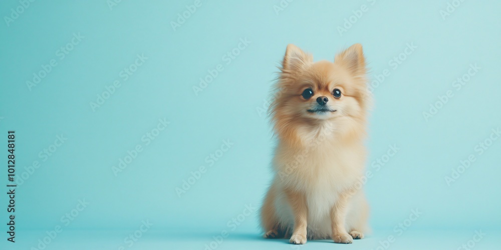 Obraz premium Small fluffy dog sitting on a light blue background.