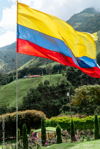 Colombian flag in beautiful landscape with mountains and palm trees. Travel. photo