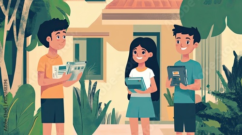 Three Young People Holding Books Outside a House photo