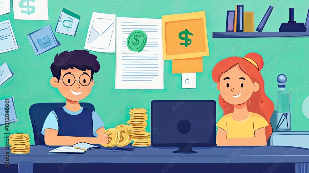 Two Young People Working Together at a Desk with Coins and a Computer Two Young People Working Together at a Desk with Coins and a Computer