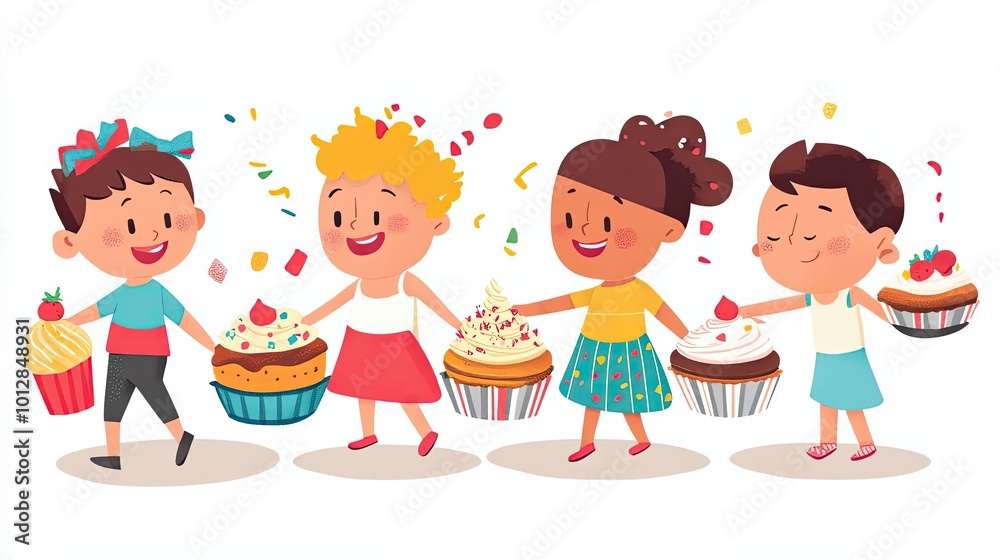 Four Children Holding Cupcakes With Confetti Falling Four Children Holding Cupcakes With Confetti Falling