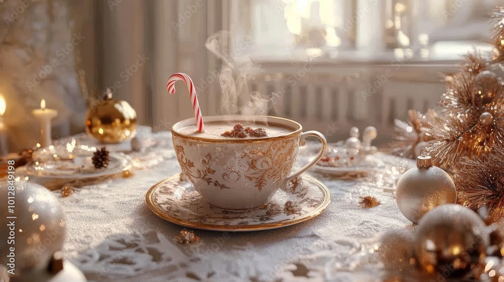 Fototapeta premium Enchanting Holiday Drink in a Decorative Cup Amidst Festive Cheer and Golden Accents
