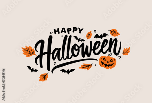 Vector Illustration. Happy Halloween lettering with bat, autumn leaves and pumpkin. Template for design