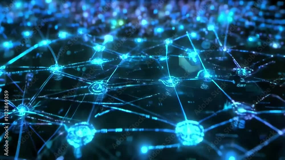 Visually expresses the movement of AI and artificial intelligence. Signals connect and glow blue in a dark space-like space. (Loop playback possible) Visually expresses the movement of AI and artificial intelligence. Signals connect and glow blue in a dark space-like space. (Loop playback possible)
