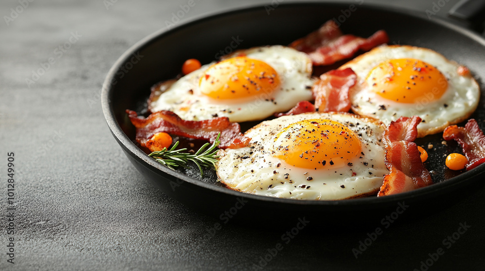 sizzling pan filled with fried eggs and crispy bacon, symbolizing comfort, indulgence, and hearty breakfasts. This image evokes warmth, satisfaction, and home-cooked simplicity sizzling pan filled with fried eggs and crispy bacon, symbolizing comfort, indulgence, and hearty breakfasts. This image evokes warmth, satisfaction, and home-cooked simplicity