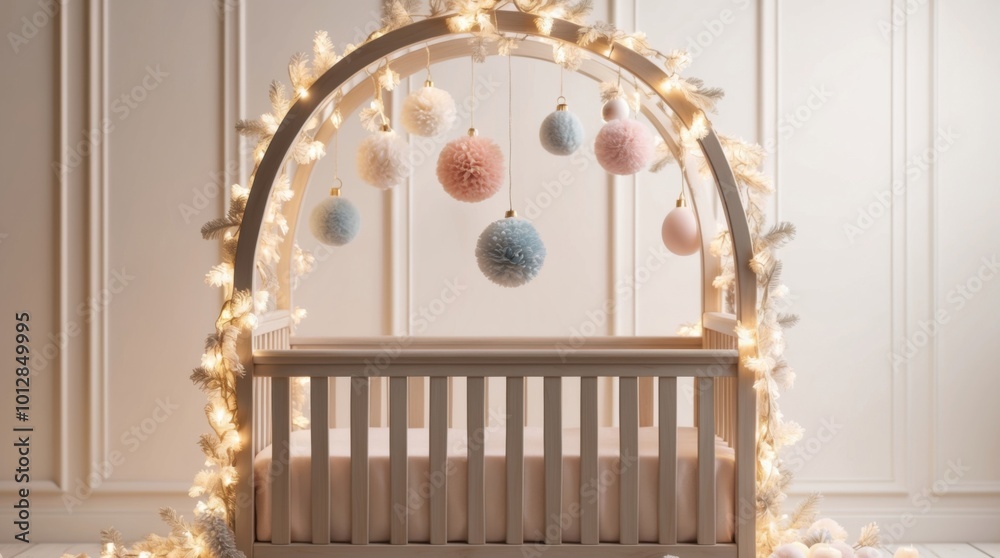 illustration of a serene baby mobile, adorned with intricately designed, shimmering Christmas ornaments in soft illustration of a serene baby mobile, adorned with intricately designed, shimmering Christmas ornaments in soft