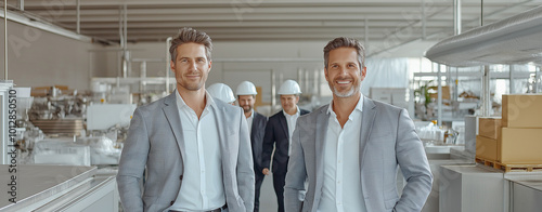 A good looking  two men  , wearing casual  grey , and his entourage in business suits, wearing white hard hats, walking through the interior hall of a working factory , engineer.