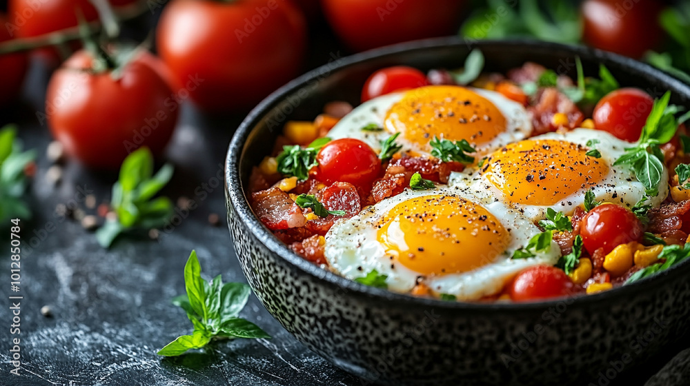 sizzling pan filled with fried eggs and crispy bacon, symbolizing comfort, indulgence, and hearty breakfasts. This image evokes warmth, satisfaction, and home-cooked simplicity sizzling pan filled with fried eggs and crispy bacon, symbolizing comfort, indulgence, and hearty breakfasts. This image evokes warmth, satisfaction, and home-cooked simplicity