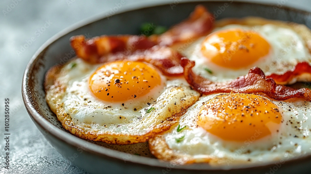 sizzling pan filled with fried eggs and crispy bacon, symbolizing comfort, indulgence, and hearty breakfasts. This image evokes warmth, satisfaction, and home-cooked simplicity sizzling pan filled with fried eggs and crispy bacon, symbolizing comfort, indulgence, and hearty breakfasts. This image evokes warmth, satisfaction, and home-cooked simplicity