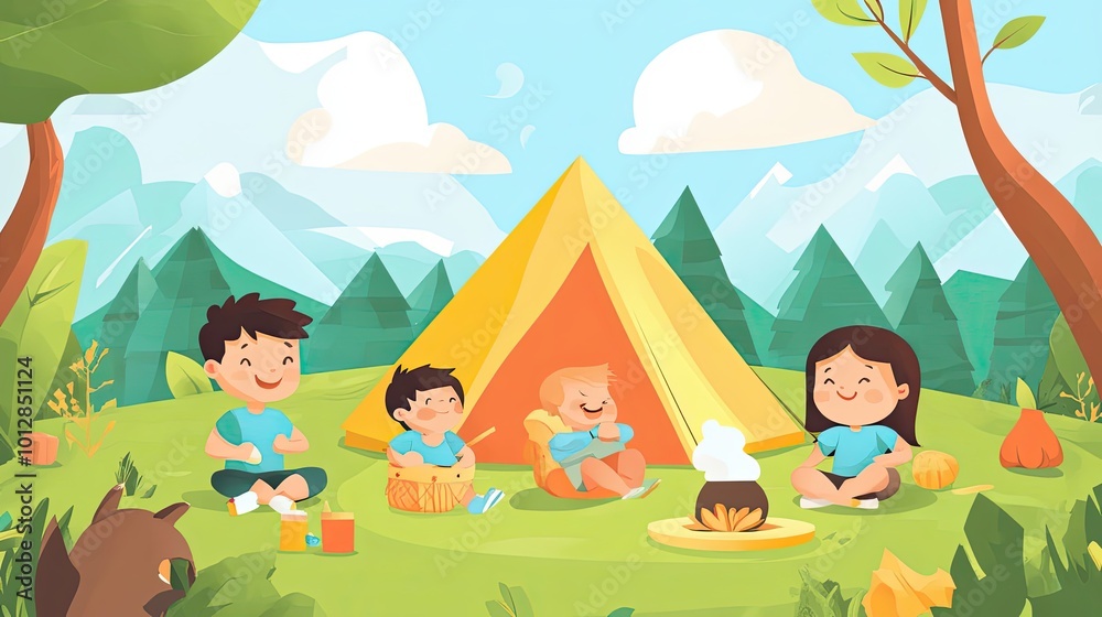 Naklejka premium Four Children Enjoying a Camping Trip in the Woods
