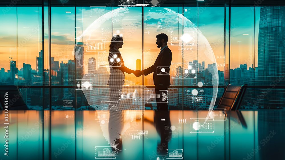 Fototapeta premium A handshake between business partners with a holographic world map in the background