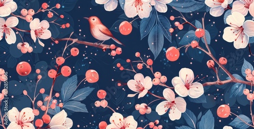 seamless pattern with a digital illustration of  bird with small flowers, and berries in shades of navy blue, green, and pink on a dark background