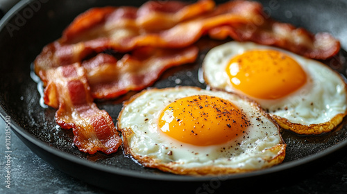 sizzling pan filled with fried eggs and crispy bacon, symbolizing comfort, indulgence, and hearty breakfasts. This image evokes warmth, satisfaction, and home-cooked simplicity