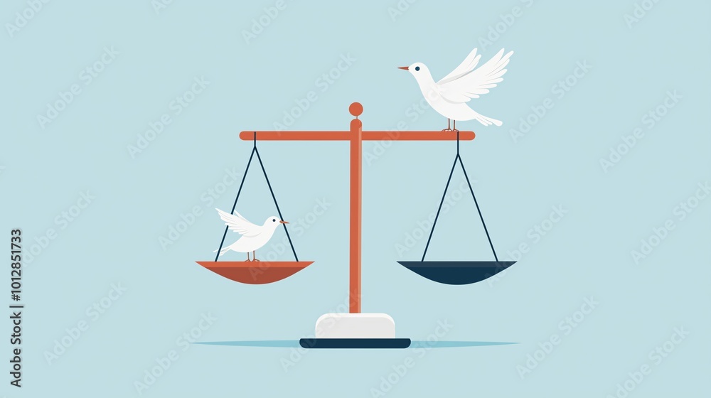 Balanced scales with a dove, peace and justice, flat design illustration Balanced scales with a dove, peace and justice, flat design illustration