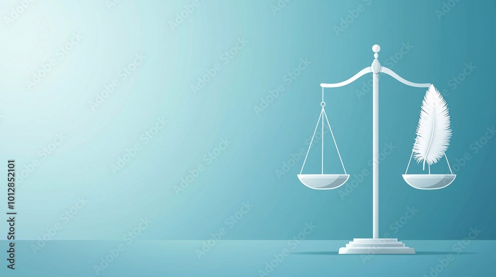 Scales of justice balanced with a feather, lightness and fairness, flat design illustration Scales of justice balanced with a feather, lightness and fairness, flat design illustration