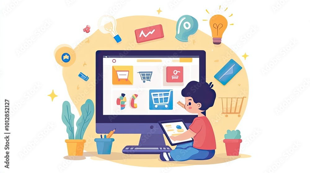 Boy using a computer to shop online Boy using a computer to shop online