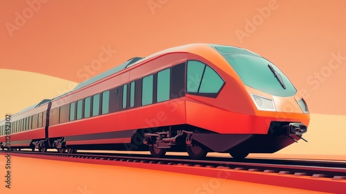 A sleek, modern bullet train is shown in this vibrant illustration, traveling swiftly on the railway. The dynamic composition and bold color palette emphasize speed and modern transportation