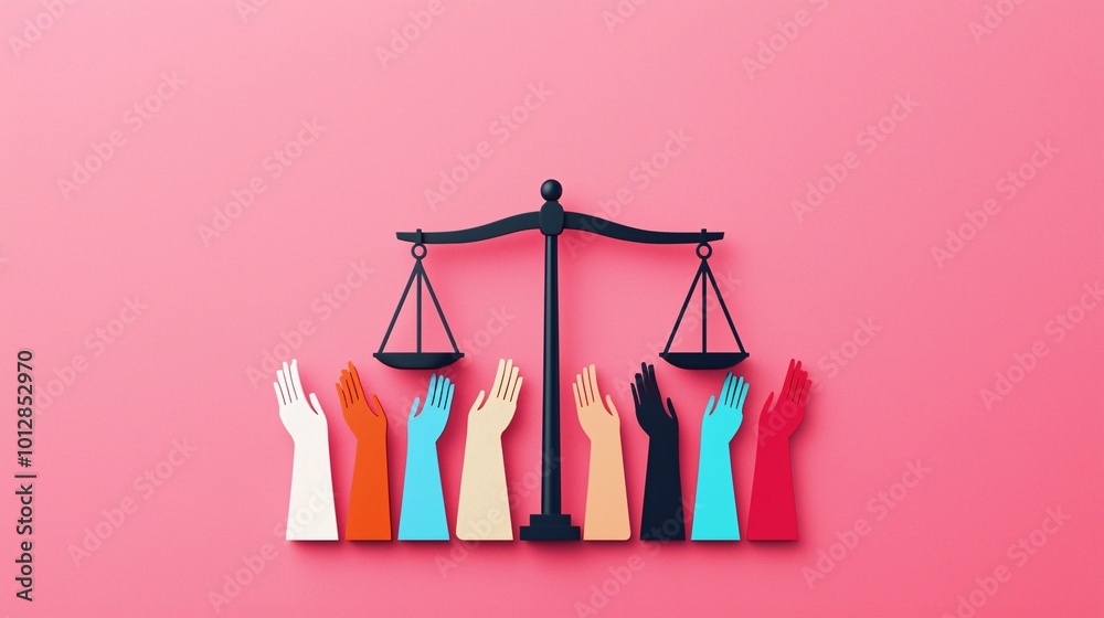 Justice scales with open hands beneath, support for equality, flat design illustration Justice scales with open hands beneath, support for equality, flat design illustration