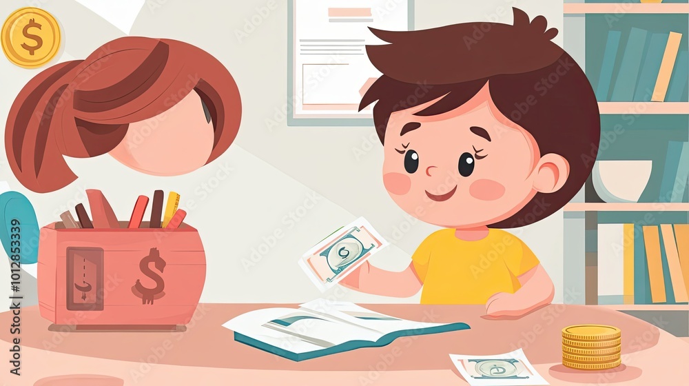 A Cartoon Child Holding Money with a Piggy Bank and Books on a Desk A Cartoon Child Holding Money with a Piggy Bank and Books on a Desk