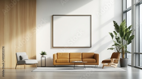 Modern living room with stylish furniture and a blank frame on the wall.