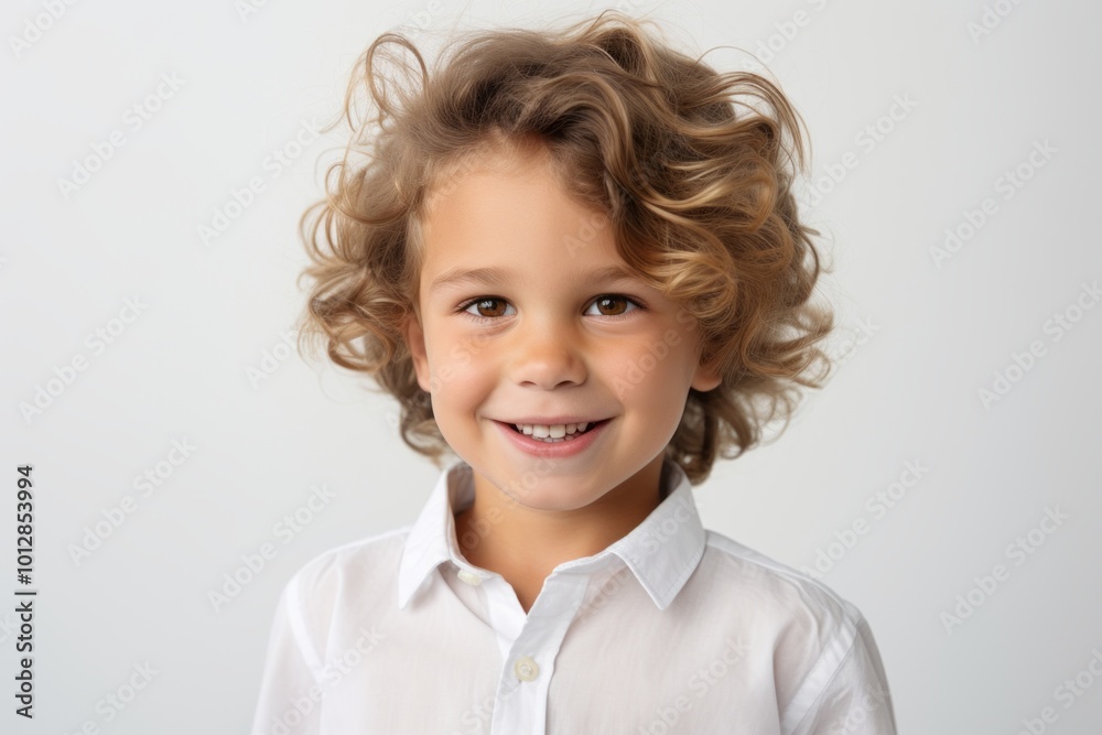Portrait of cute little boy with curly hair looking at camera and smiling while standing against grey background Portrait of cute little boy with curly hair looking at camera and smiling while standing against grey background