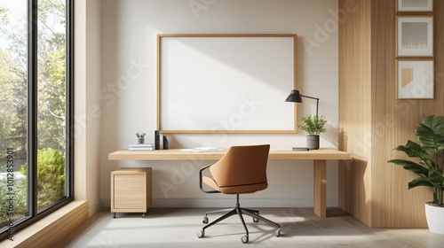 Modern office interior with a wooden desk, chair, and large window for natural light.
