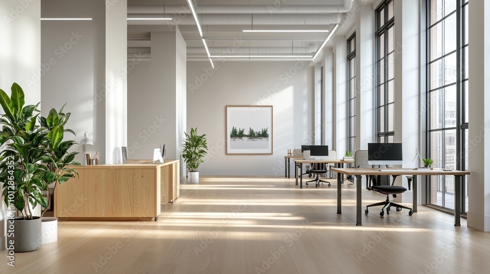 Fototapeta premium Modern office interior with plants and large windows, bright and spacious work environment.