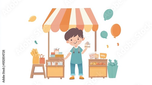 A Boy Selling Goods at His Small Shop with Balloons