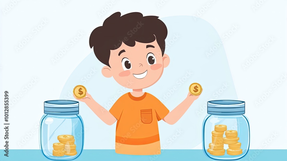 A happy boy putting money in a glass jar A happy boy putting money in a glass jar