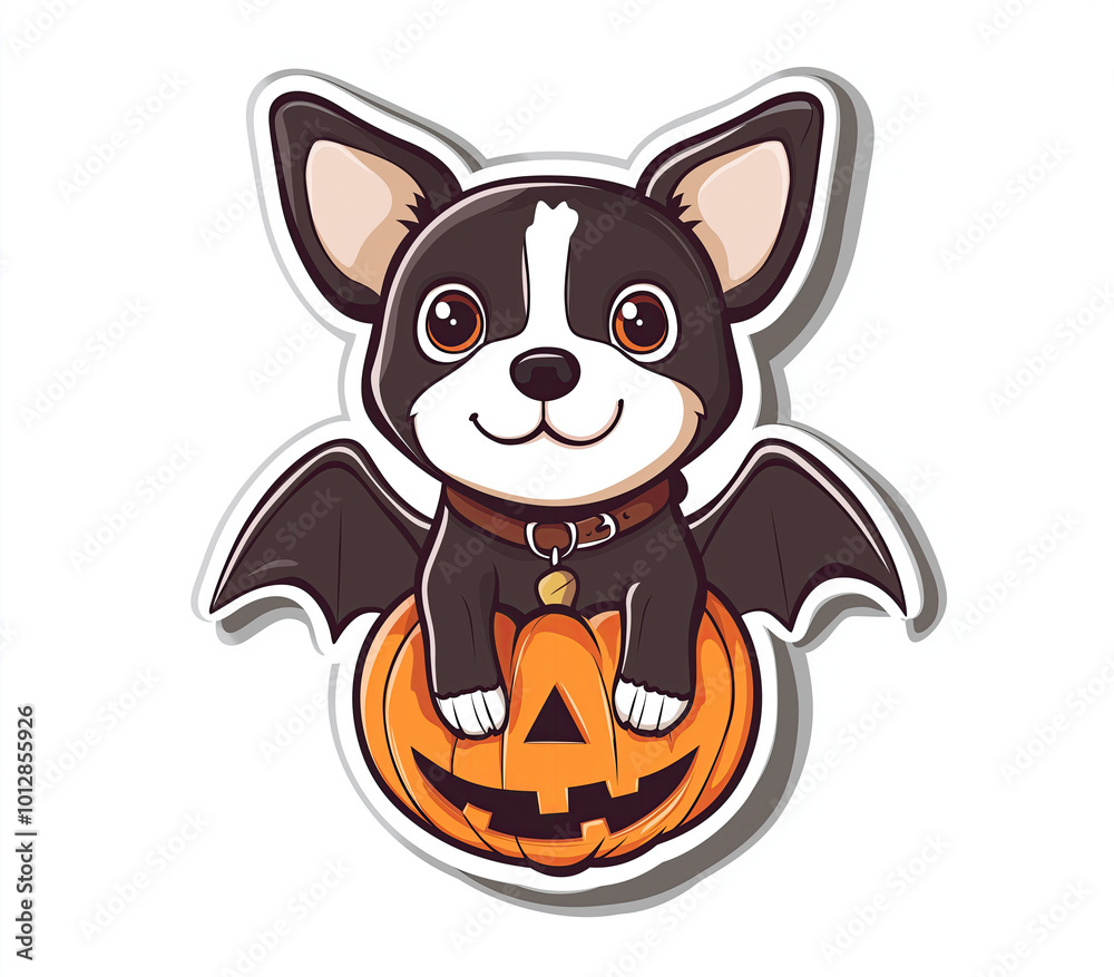 Cute puppy in pumpkin costume for Halloween.Cartoon holiday sticker. Autumn pretty cute isolated character on white background