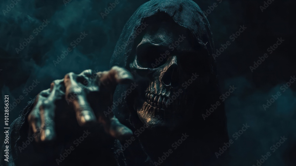 Grim reaper reaching towards the camera over dark background with copy space Grim reaper reaching towards the camera over dark background with copy space