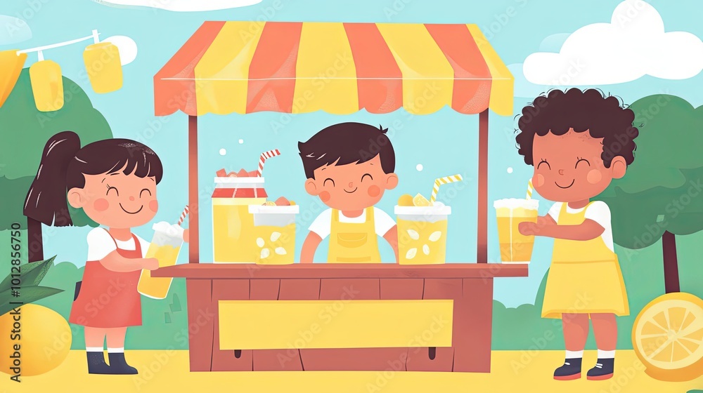 Three Cartoon Children Enjoying Lemonade at a Stand Three Cartoon Children Enjoying Lemonade at a Stand